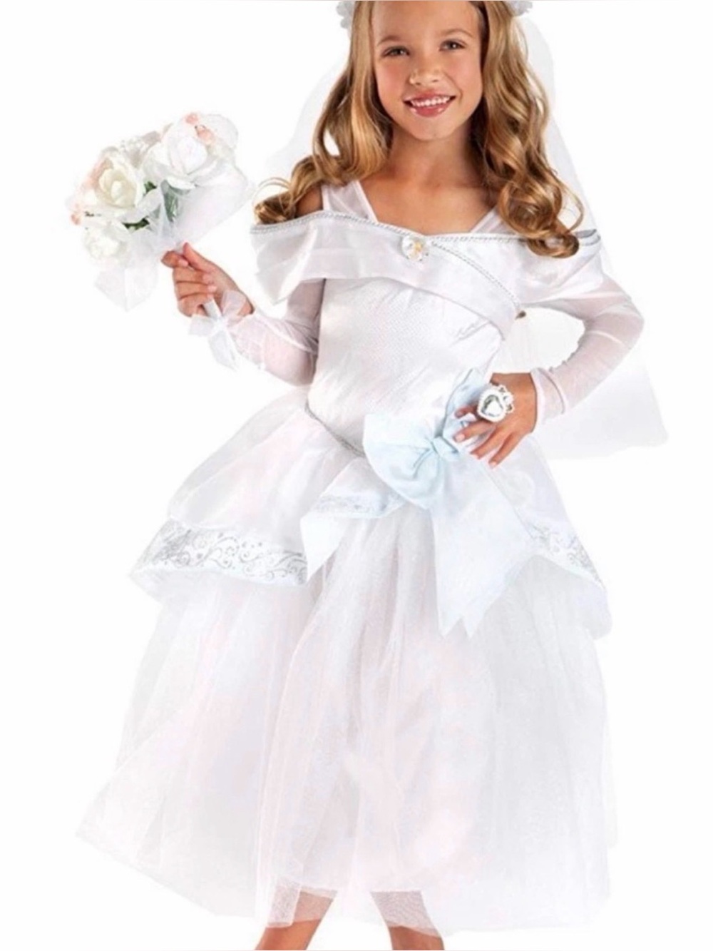 Disney Store Girls CINDERELLA White WEDDING Gown Costume DRESS sz 5-6 w/ VEIL